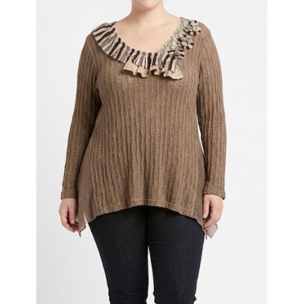 NEW Zba XL Top Brown Knit Boho Tunic Ruffle Neckline Lace Applique Fairycore